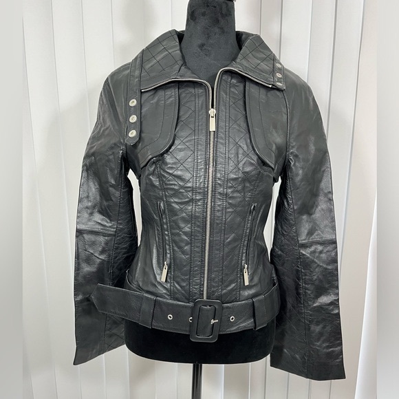BLANC NOIR Quilted Leather Moto Jacket Belted Zip Up Lined Buckles Black Size S - Picture 2 of 9